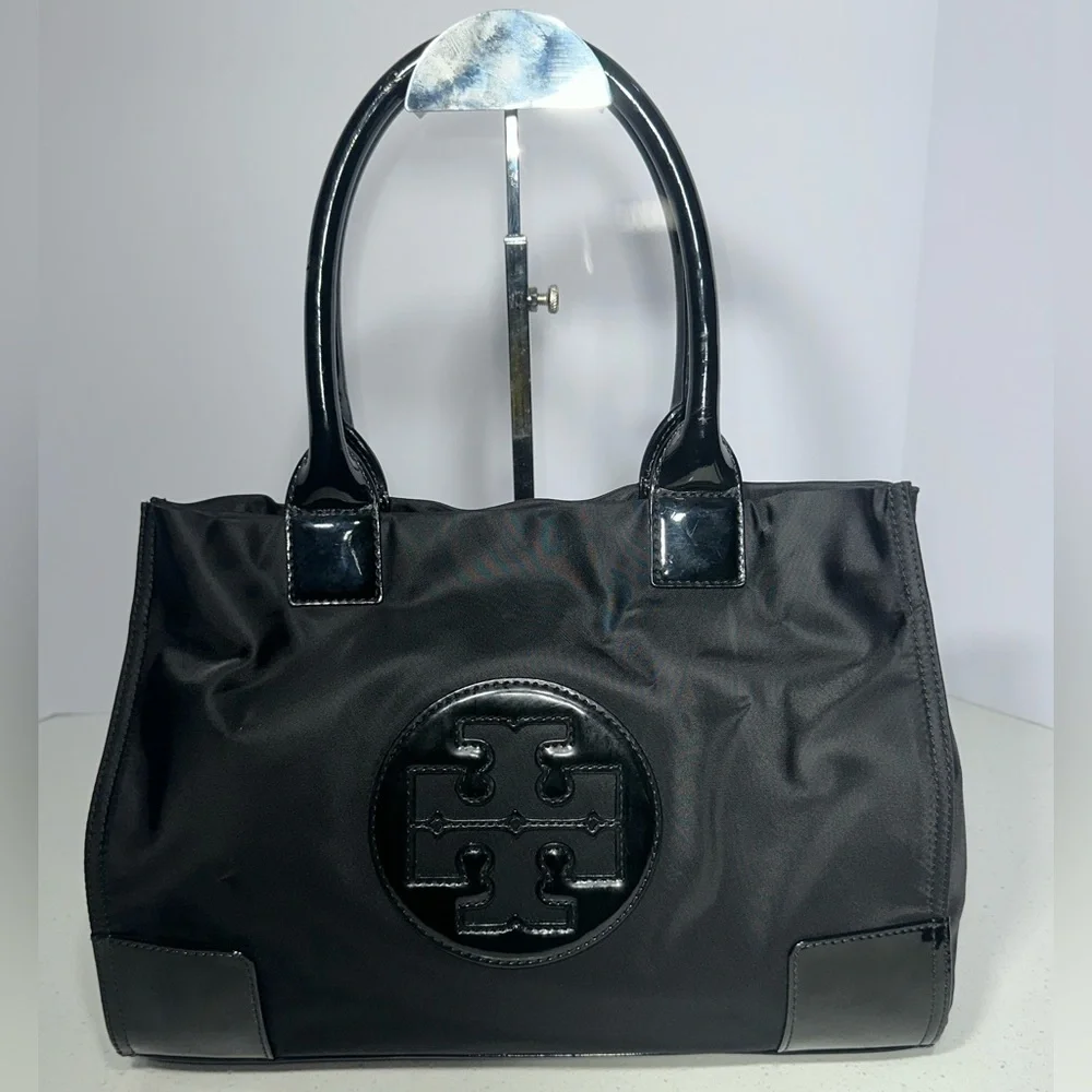 Tory Burch Tote Bag Handbag Nylon x Enamel Leather Black